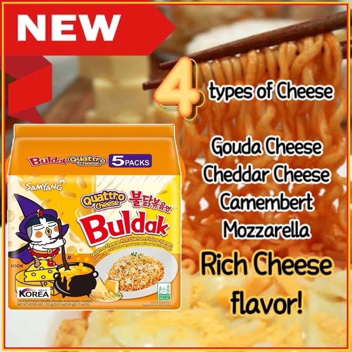 Buldak Quattro Cheese Hot Chicken Flavor Ramen 5 Pack (145g x 5) 5.11 oz x 5 Pack Brand of Samyang