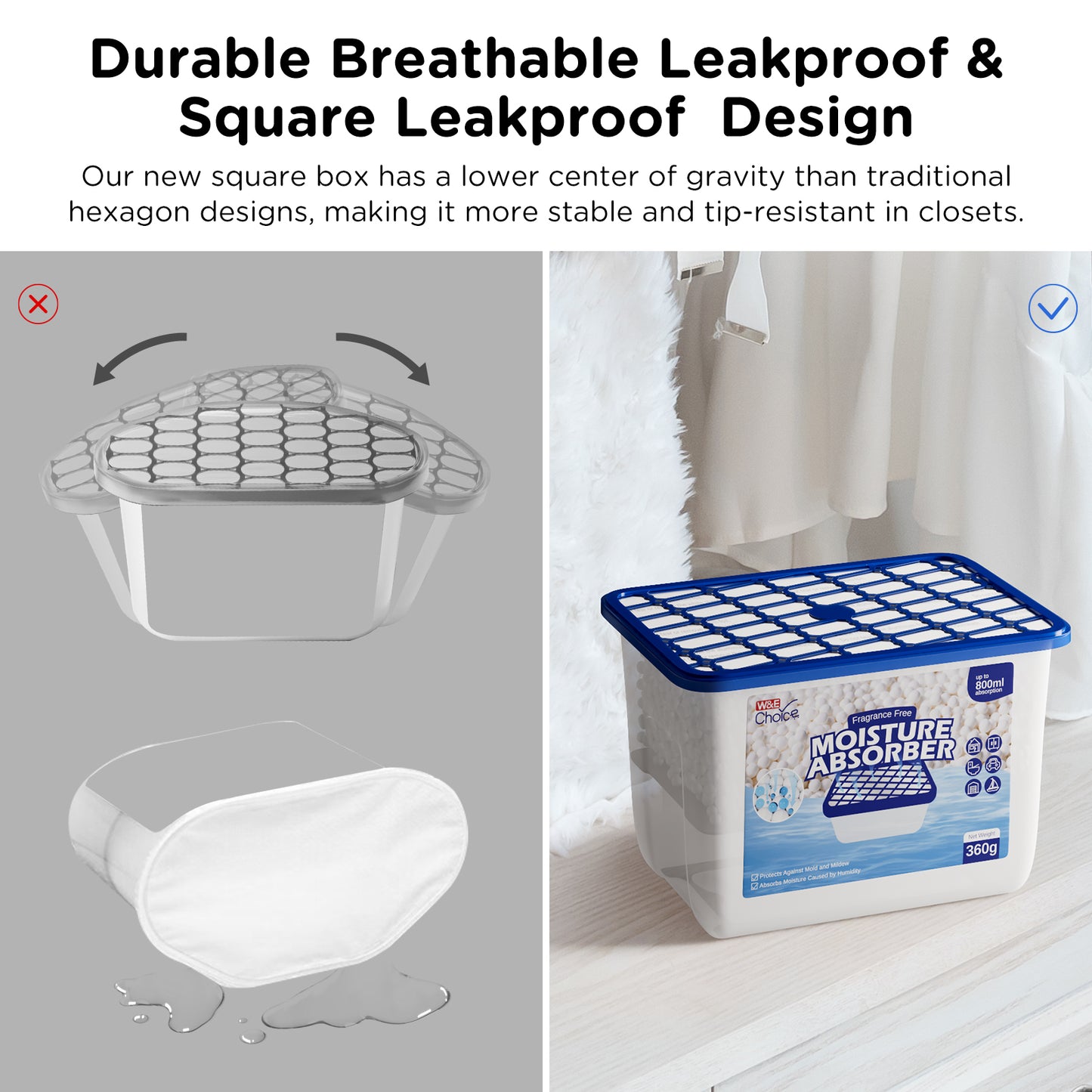 W&E Choice Moisture Absorbers, 12.7 Oz Portable Humidity Absorber Boxes for Your Bathroom, Closet & Car, Dehumidifier with Fragrance Free, 3 Pack