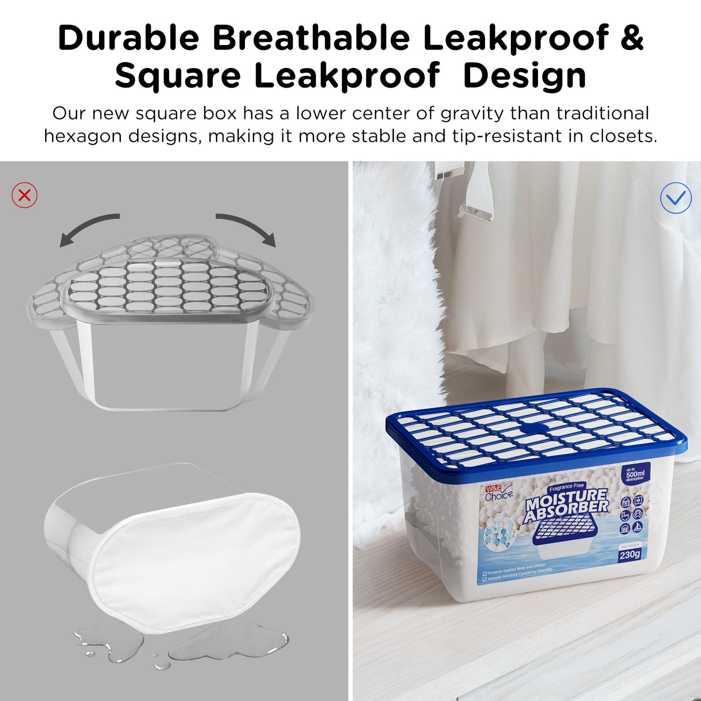 W&E Choice Moisture Absorbers, Portable Humidity Absorber Boxes for Your Bathroom, Closet & Car, Dehumidifier with Fragrance Free, 6 Pack