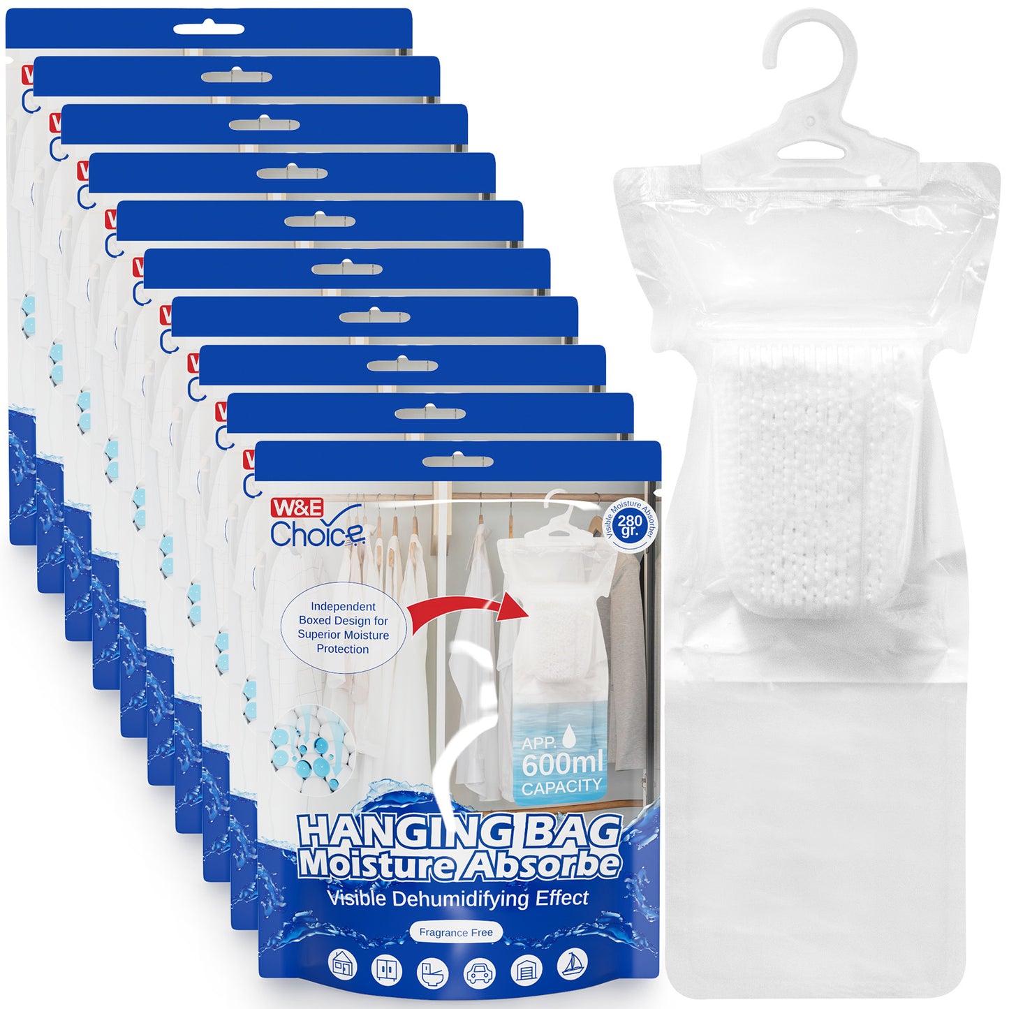 W&E Choice Moisture Absorbers Hanging Bag for Your Closet, Dehumidifier Bags for Bathroom , Fragrance Free Humidity Packs, 10 Pack, 9.9 Oz