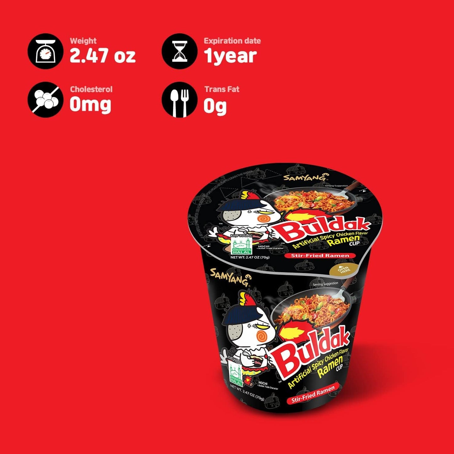 1.54 oz Buldak Spicy Hot Chicken Stir-Fried Cup Noodles Samyang