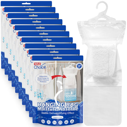 W&E Choice Moisture Absorbers Hanging Bag for Your Closet, Dehumidifier Bags for Bathroom , Fragrance Free Humidity Packs, 10 Pack, 9.9 Oz