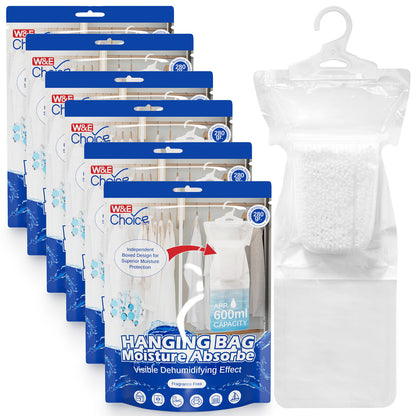 W&E Choice Moisture Absorbers Hanging Bag for Your Closet, Dehumidifier Bags for Bathroom , Fragrance Free Humidity Packs, 6 Pack, 9.9 Oz